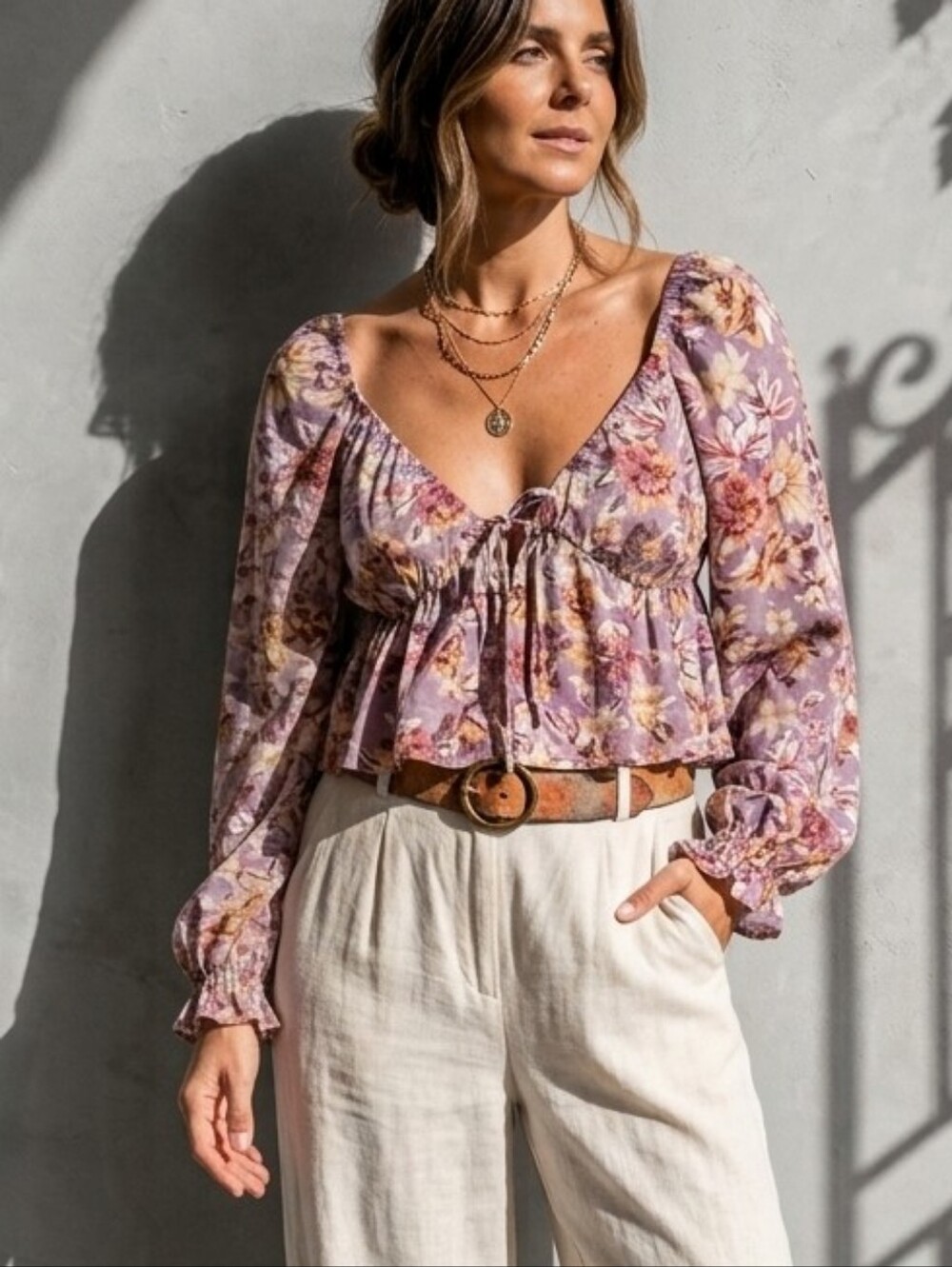 TIMING Tie-Front Peasant Crop Top Blouse Size Medium  Cottagecore Boho Soft Girl